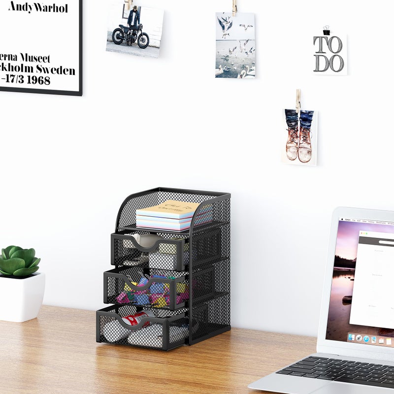 EasyPAG Mesh Desk Organizer with 3 Drawer Office Desktop Organizers and Accessories Stationery Caddy for Office, Home, Students, Black - Image 5